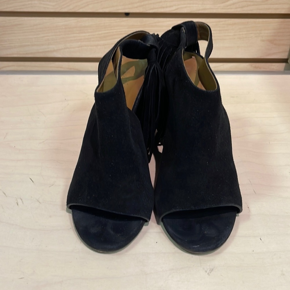 Women’s Chloe Black Suede Fringe Wedge Open Toe Heels Size 37